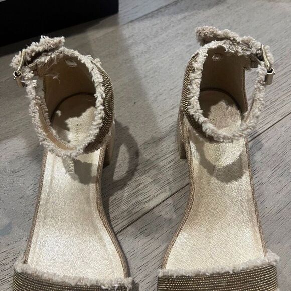 Stuart Weitzman Nudistchains Canvas Gold Sandals Tweed  Block US 6 - Picture 13 of 15